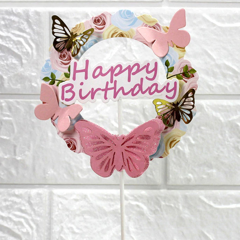 Kitchen Domain Happy Birthday Pink Butterfly Cake Topper 3767