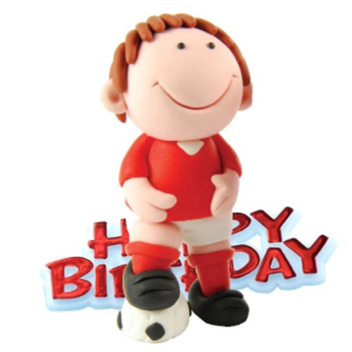 Red Footballer/Soccer Player Resin Topper & Happy Birthday Motto