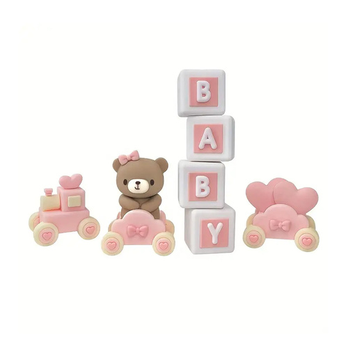 Baby Blocks-bear-train Cake Decoration Set Pink