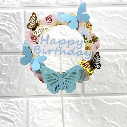 Happy Birthday Blue Butterfly Cake Topper