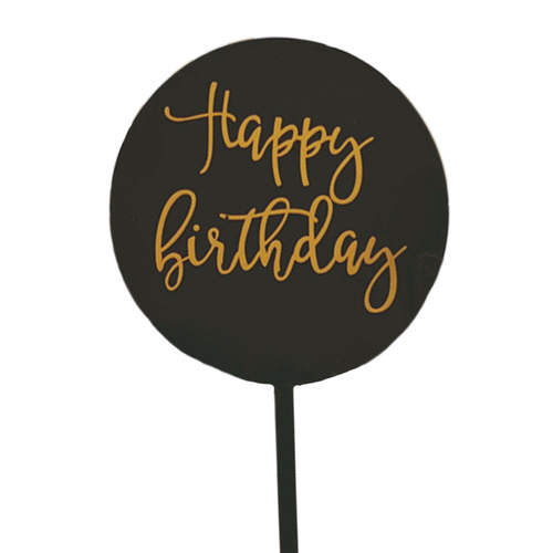 Round Acrylic Happy Birthday Topper Black